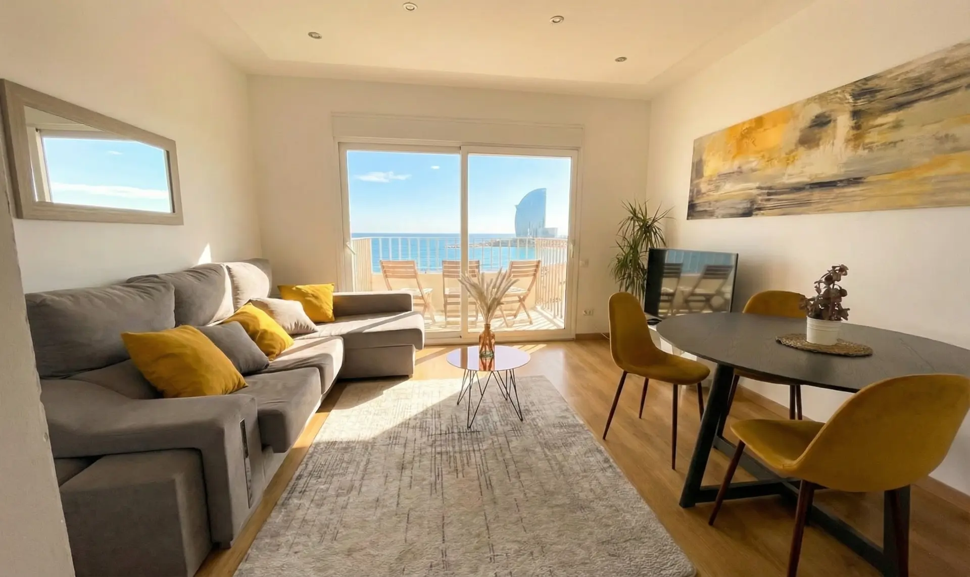 The living room sofa, looking out to the sea